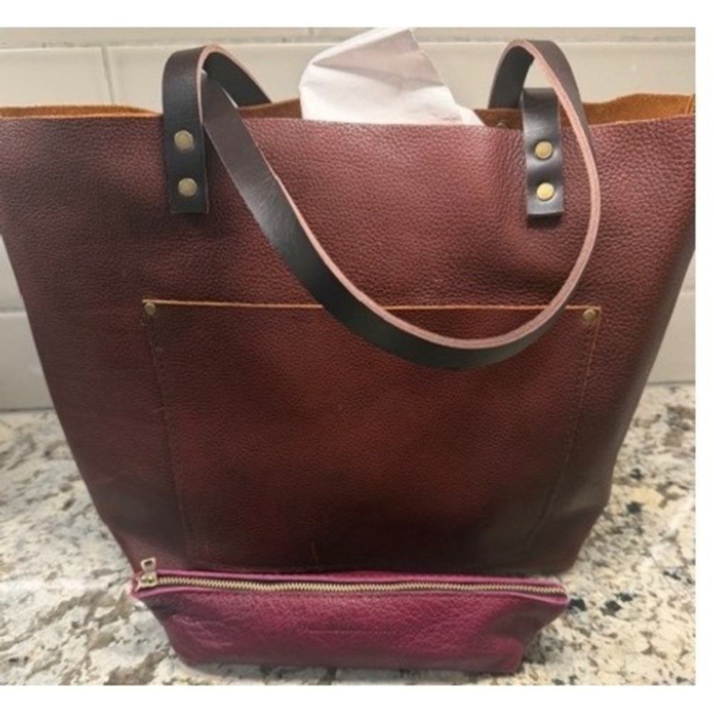 Leather Tote Bag with Matching Pouch - Brown and Burgundy